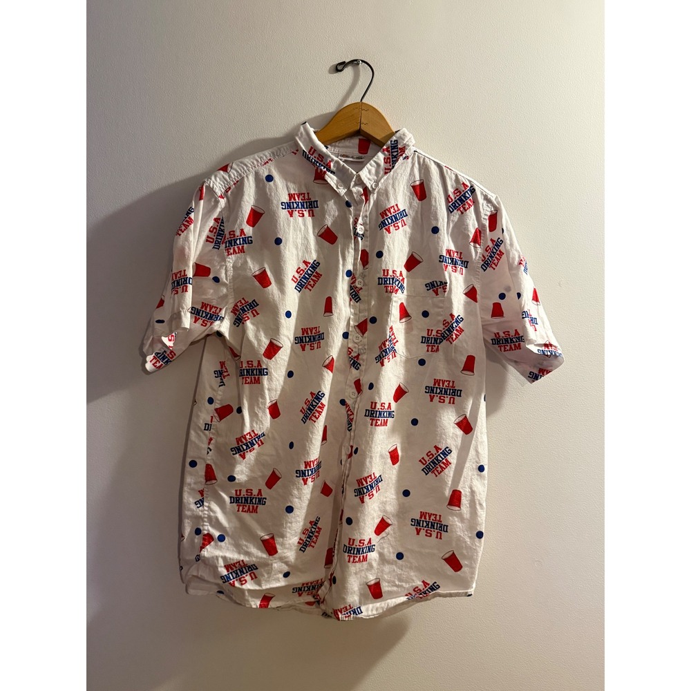 Spencers Mens USA Drinking Team Red Solo Cup Button Down Shirt White Medium